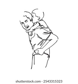 This line art illustration shows a man, likely a father, gently carrying his small child in his back. The simple, flowing lines capture warmth and connection, emphasizing the bond father and son