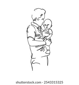 This line art illustration shows a man, likely a father, gently carrying his small child in his arms. The simple, flowing lines capture warmth and connection, emphasizing the bond father and son