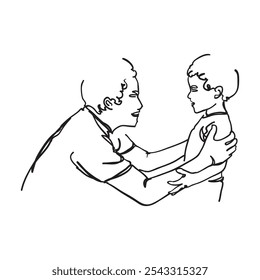 This line art illustration shows a man, likely a father, gently carrying hold his small child in his arms. The simple, flowing lines capture warmth and connection, emphasizing the bond father and son