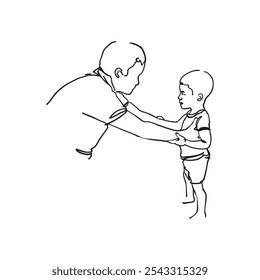 This line art illustration shows a man, likely a father, gently carrying his small child in his arms. The simple, flowing lines capture warmth and connection, emphasizing the bond father and son