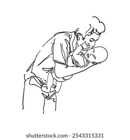 This line art illustration shows a man, likely a father, gently carrying his small child in his arms. The simple, flowing lines capture warmth and connection, emphasizing the bond father and son