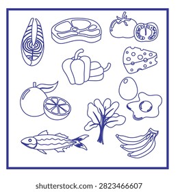 This line art vector illustration showcases a diverse collection of healthy and nutritious whole food items. The design features essential food groups including proteins like salmon steaks, whole fish, beef cuts, and eggs alongside dairy elements like Swiss cheese. It also highlights fresh, vitamin-rich produce such as tomatoes, bell peppers, leafy spinach, citrus oranges, and sweet bananas. Ideal for healthy eating guides, dietary educational materials, grocery branding, and recipe book layouts.#HealthyNutrition #WholeFoods #DietaryGuide #FoodIllustration #CleanEating #NutritiousIngredients #HealthyLifestyle #FreshProduce