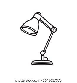 Este vetor de arte de linha mostra uma lâmpada de mesa clássica com um braço ajustável e um abajur cônico, apresentado em um estilo simples, elegante preto e branco.