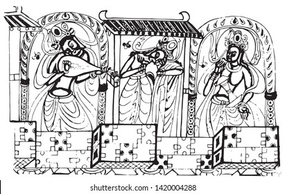 This is a line drawing of Buddhist figures.