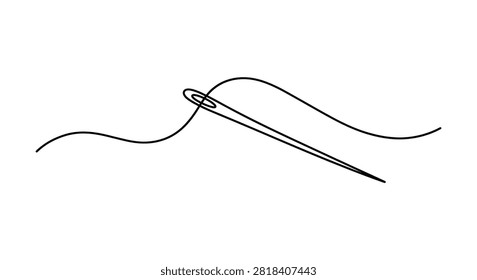 This is a line drawing depicting a sewing needle threaded with thread against a white background. The illustration shows a simple, minimalist style with clean black