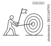 This is a line drawing depicting a stick figure archer pulling back a bow and arrow aimed at a circular target. The illustration is minimalist, using black lines on a white background, and features an editable stroke.