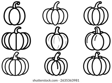This line drawing features nine pumpkins, each with distinct shapes and stem styles. The variations provide creative options for autumn themed projects on a white backdrop.