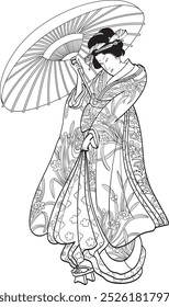 Esta es una ilustración de dibujo de línea de una hermosa mujer japonesa en kimono, una cortesana.