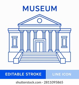 This is a line icon depicting a museum building with a classical architectural style. The illustration features columns, a pediment, and stairs, presented with a white background and editable stroke.