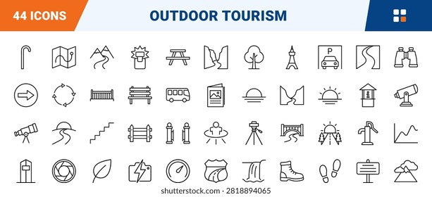 This line icon set features symbols for scenic route overlooks, outdoor landmarks, and travel checkpoints. Every graphic is a thin linear illustration designed for maps and tour guides.