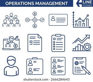 This line icon set includes editable and scalable vector icons for operations dashboards, including task lists, team coordination, profile data, project charts, application forms, and user analytics. 