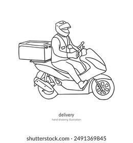 This is a line illustration of a person sitting on a motorcycle and delivering. hand-drawn line illustration
