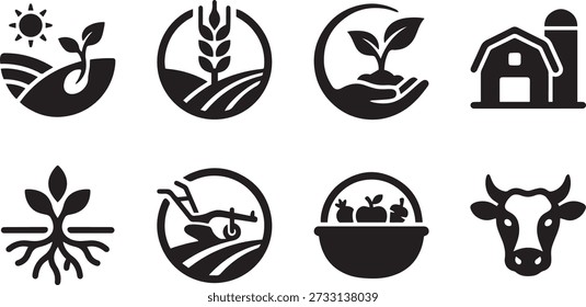 This is linear black and white icons related to agriculture and farming themes such as plant wheat barn tractor basket with fruits and cow for farm based project.