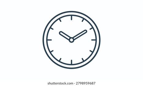 This is a linear style illustration of a wall clock with hour and minute hands presented as a silhouette against