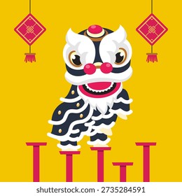 This lion dance vector design features a modern and expressive lion head illustration, using contrasting colors like bright yellow, red, black, and white. Complete with lantern ornaments on top and stage pillars below, this design embodies the lively, dynamic, and energetic atmosphere of Chinese New Year celebrations.