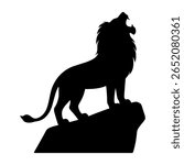 This lion silhouette roaring on big rock shows a proud and powerful lion. The lion stands tall on a large rock and roars loudly. The lion’s mouth is wide open. Its mane flows . This lion silhouette