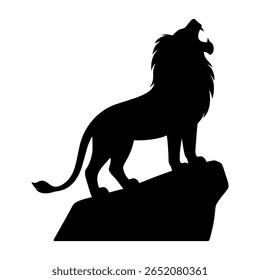 Esta silhueta de leão que ruge sobre o rock grande mostra um leão orgulhoso e poderoso. O leão fica em pé sobre uma rocha grande e ruge alto. A boca do leão está bem aberta. A juba flui. Esta silhueta de leão