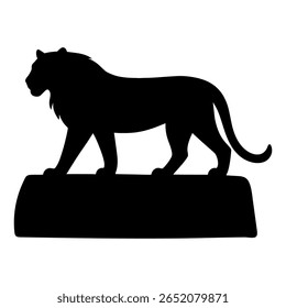 This lion silhouette standing on big rock shows a strong and brave lion. The lion stands tall on a large rock. The lion’s head is up and proud. The lion’s mane looks wild and full. The lion stands