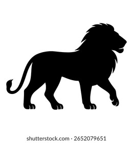 This lion silhouette standing one leg up shows a proud lion in a strong pose. The lion stands still with one front leg lifted. The lion’s head faces forward with power. The lion’s mane 