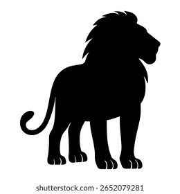 This lion silhouette standing view shows a powerful lion in a calm but strong pose. The lion stands tall and still. The lion’s mane is thick and wild. The lion’s tail curves gently down.