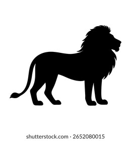 This lion silhouette standing view shows a powerful lion in a calm but strong pose. The lion stands tall and still. The lion’s mane is thick and wild. The lion’s tail curves gently down.