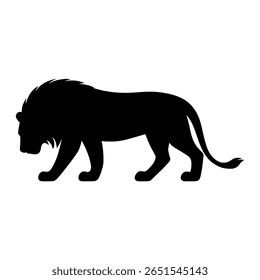 This lion silhouette walking with head down shows a calm and powerful lion. The lion walks slowly with its head lowered. The lion’s mane flows gently as it moves. The lion’s strong legs