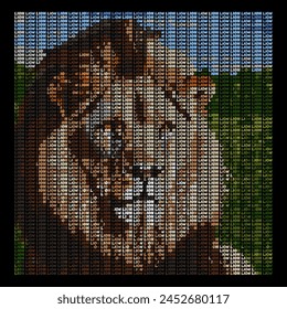 This is lion typography art, image of a lion from an arrangement of letters in various colors.