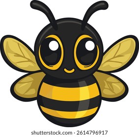 This lively cartoon bee features bold black and yellow stripes with large expressive eyes and delicate wings. Perfect for educational materials or designs related to nature and sustainability.