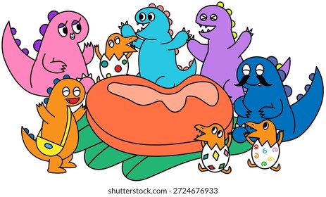 This is a lively character illustration of cute dinosaurs surrounding a large steak.