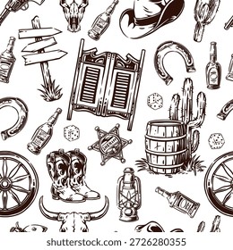 This lively design features classic western elements like cowboy hats boots cacti and whiskey bottles set against a light background capturing the spirit of the Old West.