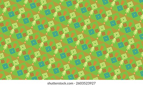 This lively songket pattern features vibrant geometric squares and leaf motifs in blue, red, and green against a fresh light green background, merging traditional designs with a playful, modern touch.