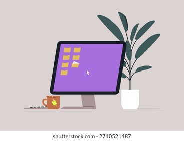 This lively workspace showcases a closeup of a monitor setup, adorned with colorful folders on screen and accompanied by chic plant decor that promotes a refreshing atmosphere.
