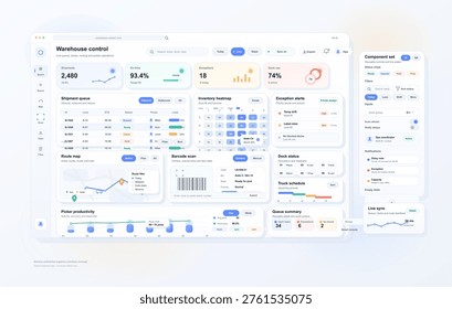 This logistics management dashboard displays real-time shipment data, inventory heatmaps, and route tracking for efficient warehouse operations and supply chain control.