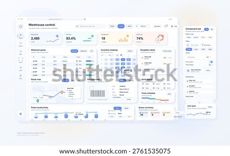 This logistics management dashboard displays real-time shipment data, inventory heatmaps, and route tracking for efficient warehouse operations and supply chain control.