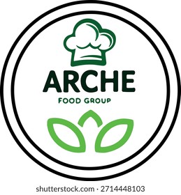 Este logotipo para "ARCHE FOOD GROUP" presenta un sombrero de chef sobre el nombre y hojas verdes debajo, todo encerrado en un doble círculo. Sugiere frescura, calidad y un enfoque en alimentos saludables y naturales.