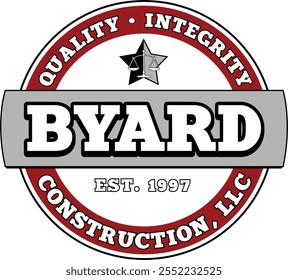 Este logotipo pertence à Byard Construction LLC enfatizando a integridade de qualidade e experiência em construção desde 1997 Ele apresenta um design arrojado com um ícone de estrela e um compromisso com a confiança e profissional