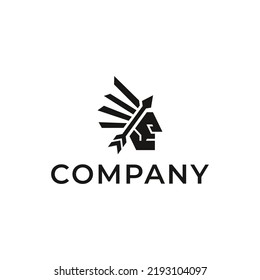 Dieses Logo ist eine Kombination aus indischen Stämmen und Pfeilen. Der Stil dieses Logos ist einfach, minimalistisch, modern, abstrakt.
