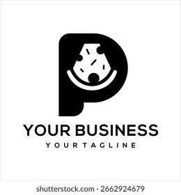 This logo combines the letter p and pizza, suitable for use in the food business.