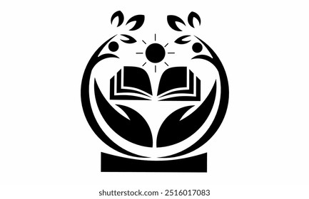 This logo combines three key elements of education and growth. Vector illustration of books, leaves, people and sunlight. Books symbolize knowledge and learning, leaves symbolize growth and renewal