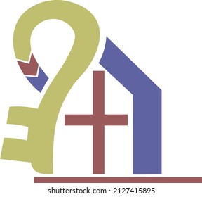 this logo contain of a key window and a small house in the color of yellow red and blue can be a logo for key company window company and real estate agency