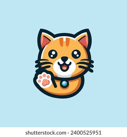 This is a logo of a cute orange cat with a blue collar and a pink paw print. The background is a light blue color.