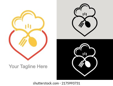 This logo depicts a chef's hat and a spoon and fork that form a heart that describes love which means the menu made by the chefs in this restaurant made with all their heart.