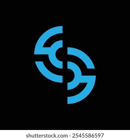 This is a logo design of an abstract letter S in blue of two connected half round shapes in blue color on a black background for technology companies