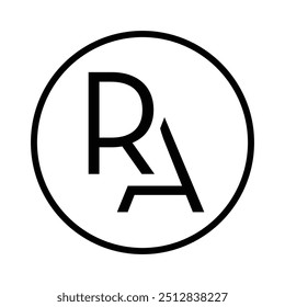 This logo design in black color on a white background depicts a simple flat initial letter RA inside a circle shape 