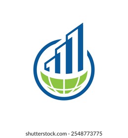 Este é o design do logotipo de uma barra de gráfico azul em forma de prédio de arranha-céus que fica em uma forma de meio globo que pode ser usada para negócios relacionados a financiamento imobiliário 

