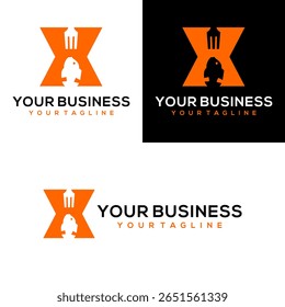 Este design do logotipo combina a letra x com um peixe e um garfo, em laranja. É perfeito para um negócio de alimentos.