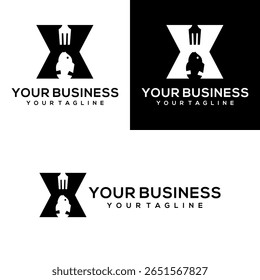 Este design do logotipo combina a letra x com um peixe e um garfo, usando preto e branco. É perfeito para um negócio de alimentos.