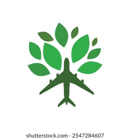 Este diseño de logotipo representa un avión con un manojo de hojas en verde que se asemeja a un árbol para la ecología o el logotipo relacionado con el plano ambiental