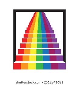 Este diseño del logotipo representa una escalera del arco iris en multi-color en un marco cuadrado negro 
