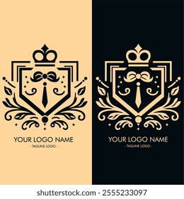 This logo design exudes elegance and sophistication, featuring a crest-like shield with intricate details. At the top of the shield is a crown symbolizing prestige and authority.